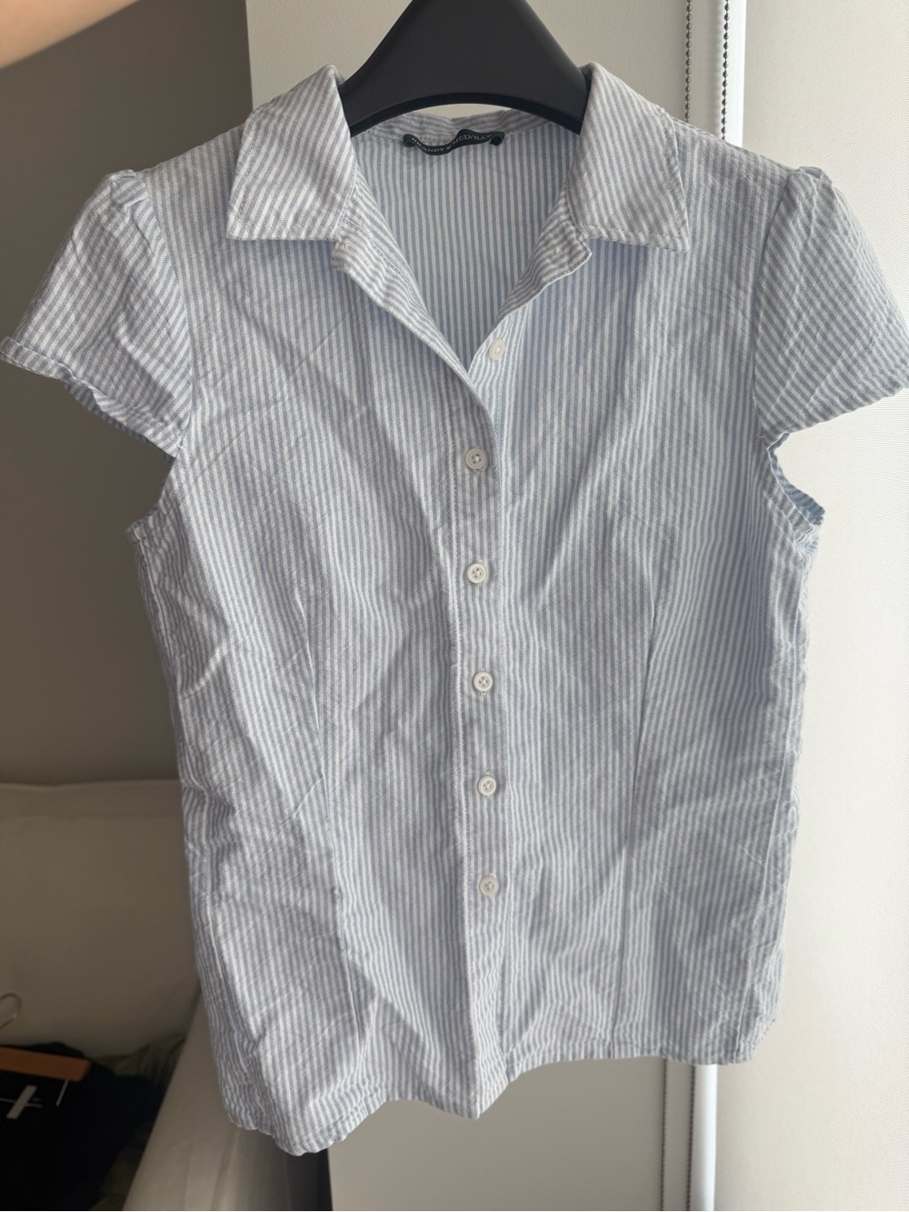 Brandy Melville Light Blue & White Striped Short-Sleeve Button-Up
